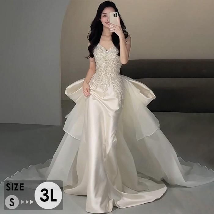 ウェディングドレス ロング ビスチェタイプ マーメイドライン ビッグリボン 花嫁 白ドレス ワンピース プリンセス 結婚式 二次会