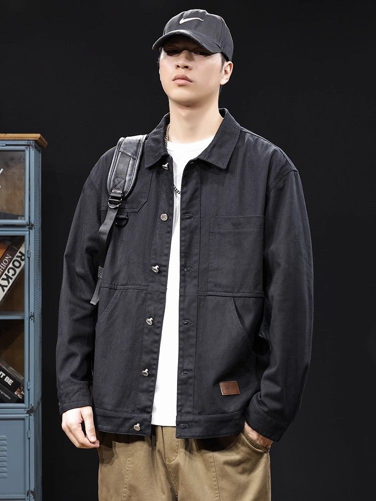 メンズ秋用デニムジャケット ワーク風 ヴィンテージ カジュアル シンプル 襟付き ブラック イエロー M〜4XL