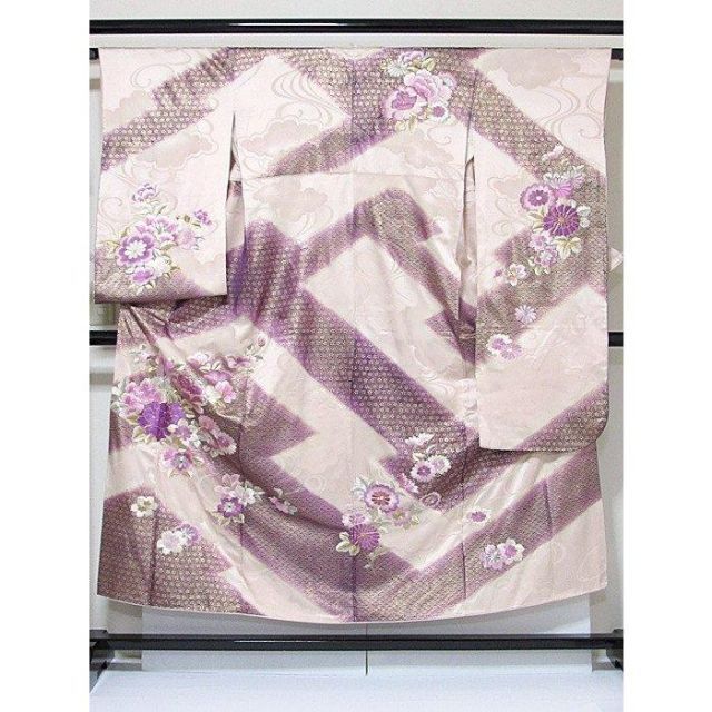 振袖 正絹 綸子 総刺繍 小紋箔 松皮取りに牡丹 菊 151cm前後ベス 薄  