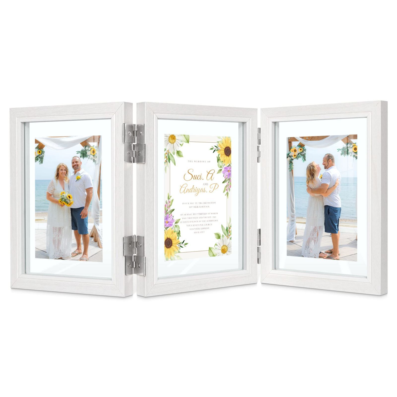 【新品未開封】 家族、友人、卒業式、結婚式、新築祝いに 折りたたみ式 透明ガラス デザインおしゃれ 3枚 写真フレーム 両面 写真立て 白 2l フォトフレーム Afuly