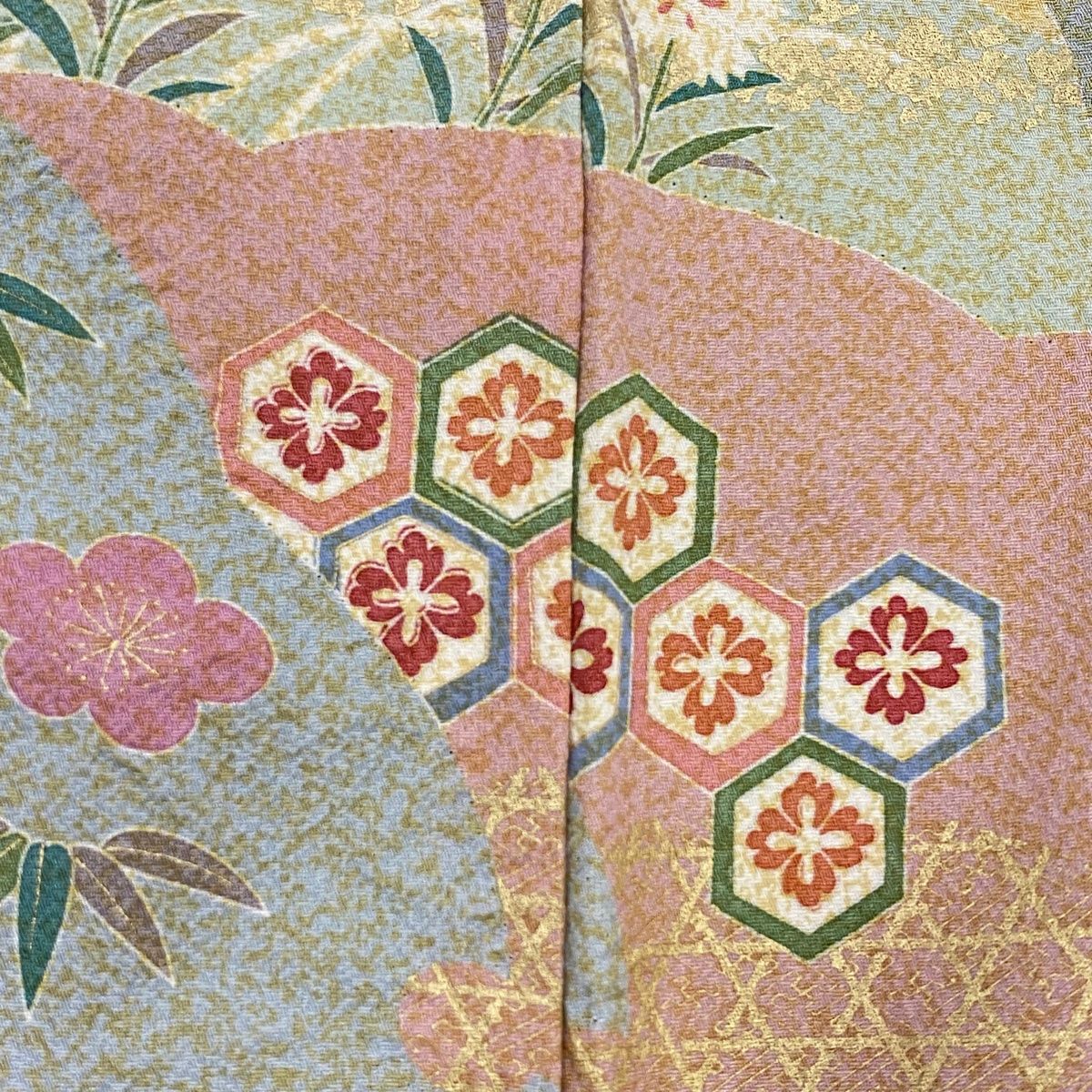 訪問着 身丈169cm 裄丈70cm L 袷 几帳 草花 金糸 金彩 薄緑 正絹 美品