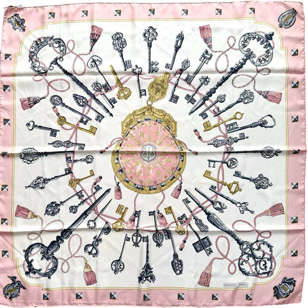 HERMES エルメス カレ90 スカーフ LES CLES 鍵 シルク ピンク
