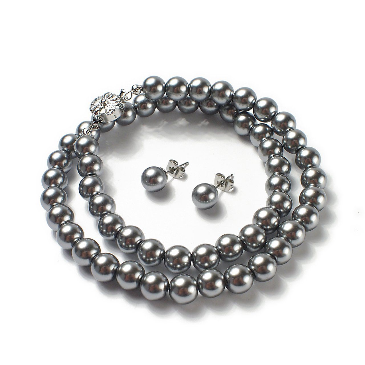 【新着商品】自社生産 国産真珠 8mm珠 グレー 日本製 冠婚葬祭 セット 2点 巾着袋付 ピアスイヤリング ネックレス 選べる6サイズ パール COLLECTION] (シルバーブラックカラー) [CRANES