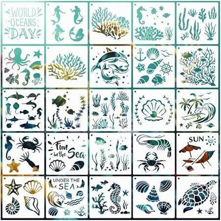 【在庫処分】seimeinoki ステンシルシート 25枚セット 25種類 海の生き物柄 手帳 描画 テンプレート イラスト ステンシルプレート 製図用テンプレート 絵描き道具 水洗い可 繰り返し使用可 塗り