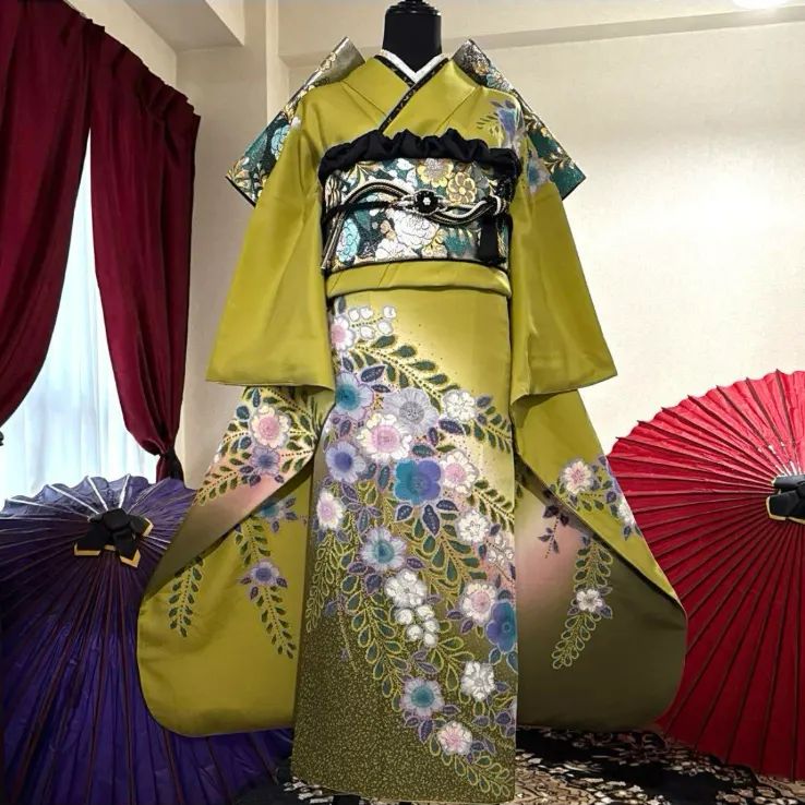 振袖フルセット(7点)・辻が花・鶯色・絞り・パールトーン加工済・正絹