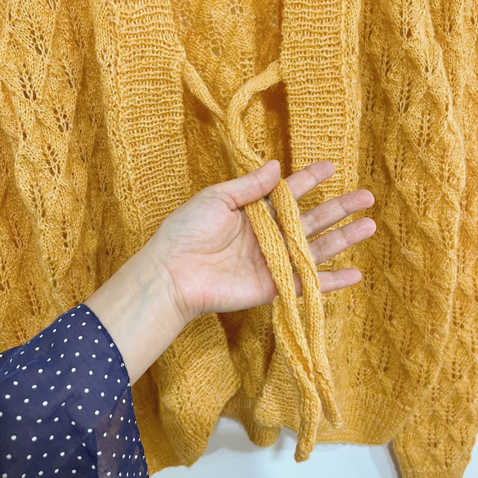 フランス古着 手編み イエロー フロントリボン ニットカーディガン