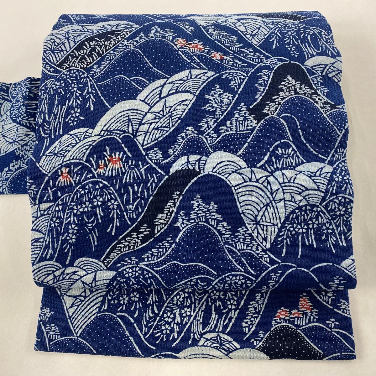 名古屋帯 美品 逸品 浦野理一 山並み 草花 藍色 正絹 【中古