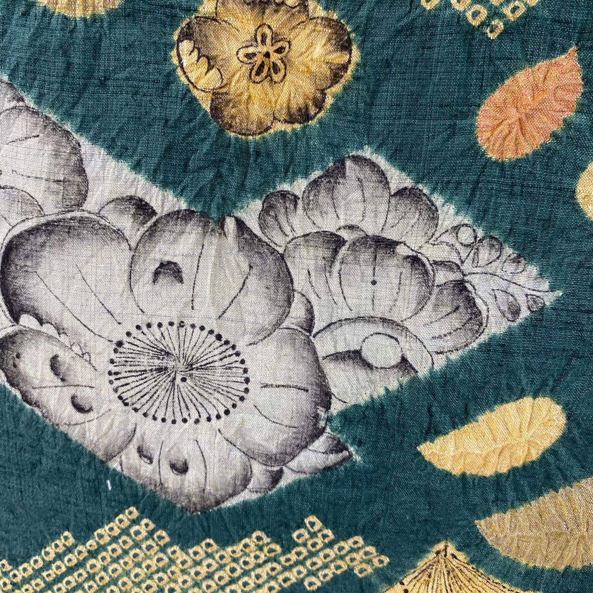 小紋 身丈153.5cm 裄丈61cm S 袷 紬地 辻が花柄 絞り 緑 正絹 美品  