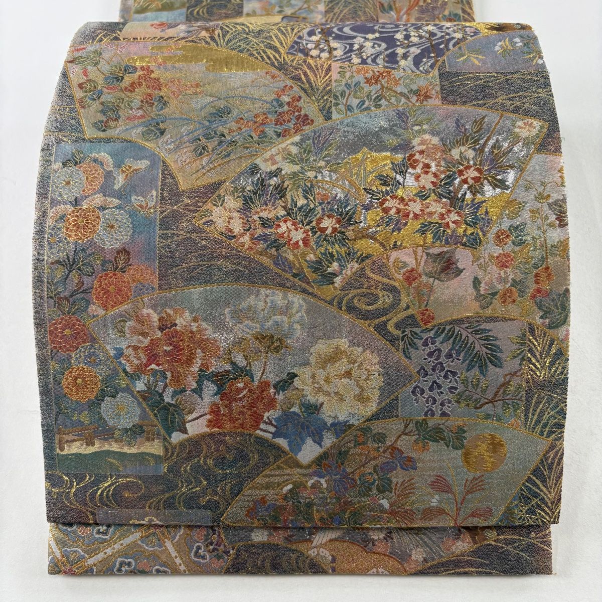 丸帯 逸品 壱阡八百口織 伝承国宝図 プラチナ本金箔 金糸 青灰色