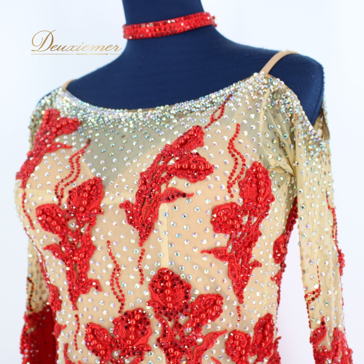 【美品 社交ダンス衣装】レッド ワンピース ドレス ラインストーン レース 袖 社交ダンス衣装】レッド ワンピース ドレス 赤 レース 光沢 デモ 競技