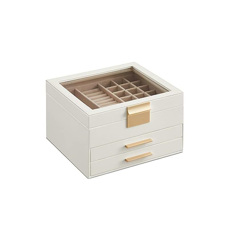 SONGMICS ジュエリーボックス 大容量 アクセサリーケース 3段式 引き出し ネックレス、指輪、ブレスレット収納宝石箱 ガラス蓋 ギフト ホワイト JBC239WT