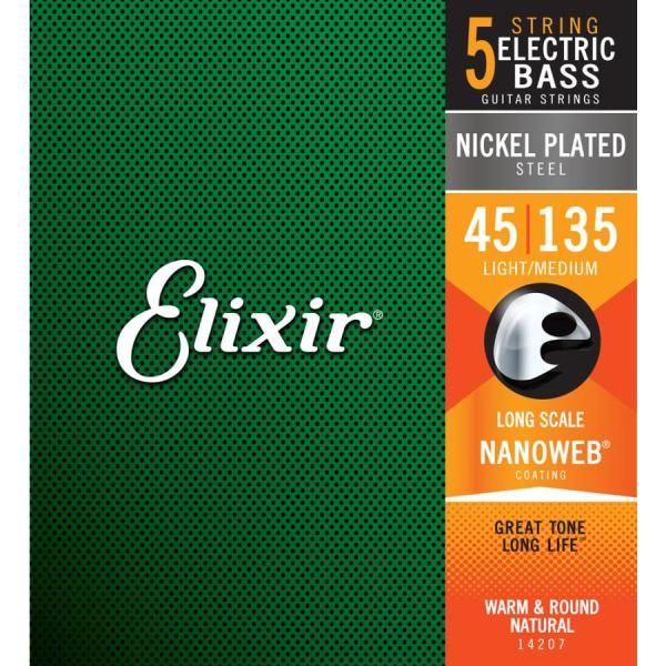 エレキベース弦 Elixir ベース弦 14207 NANOWEB 5弦 LONG SCALE LIGHT|MEDIUM 45-135 NICKEL PLATED