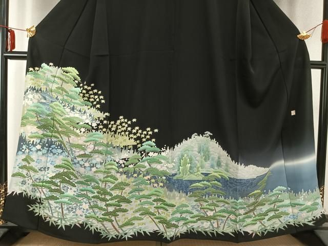 平和屋着物▽本加賀友禅作家　毎田健治　黒留袖　単衣　風景花文　暈し染め　正絹　逸品　AABC0337fy 平和屋着物▽本加賀友禅作家 毎田健治 黒留袖 単衣 風景