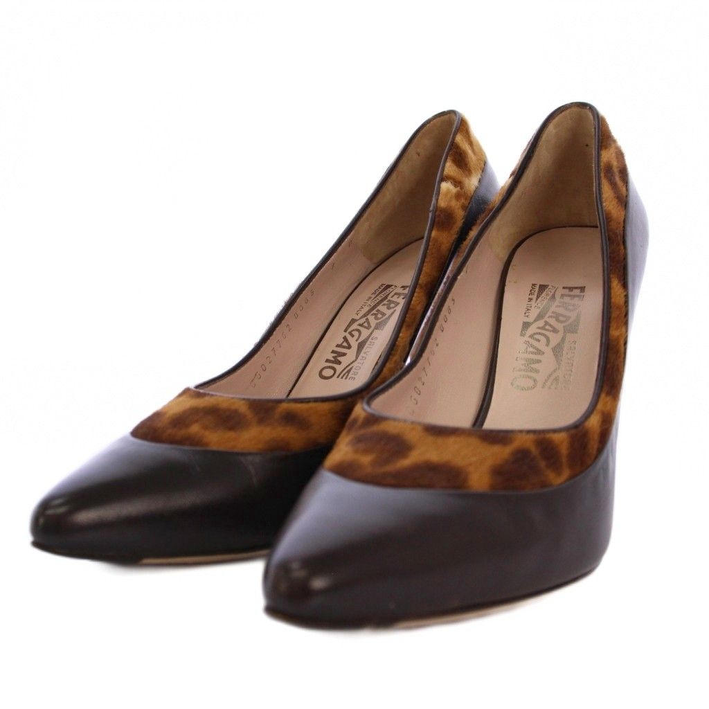 サルヴァトーレフェラガモ Salvatore Ferragamo パンプス ハイヒール ポインテッドトゥ アニマル柄 ハラコ レザー 7 B 黒 ベージュ BM