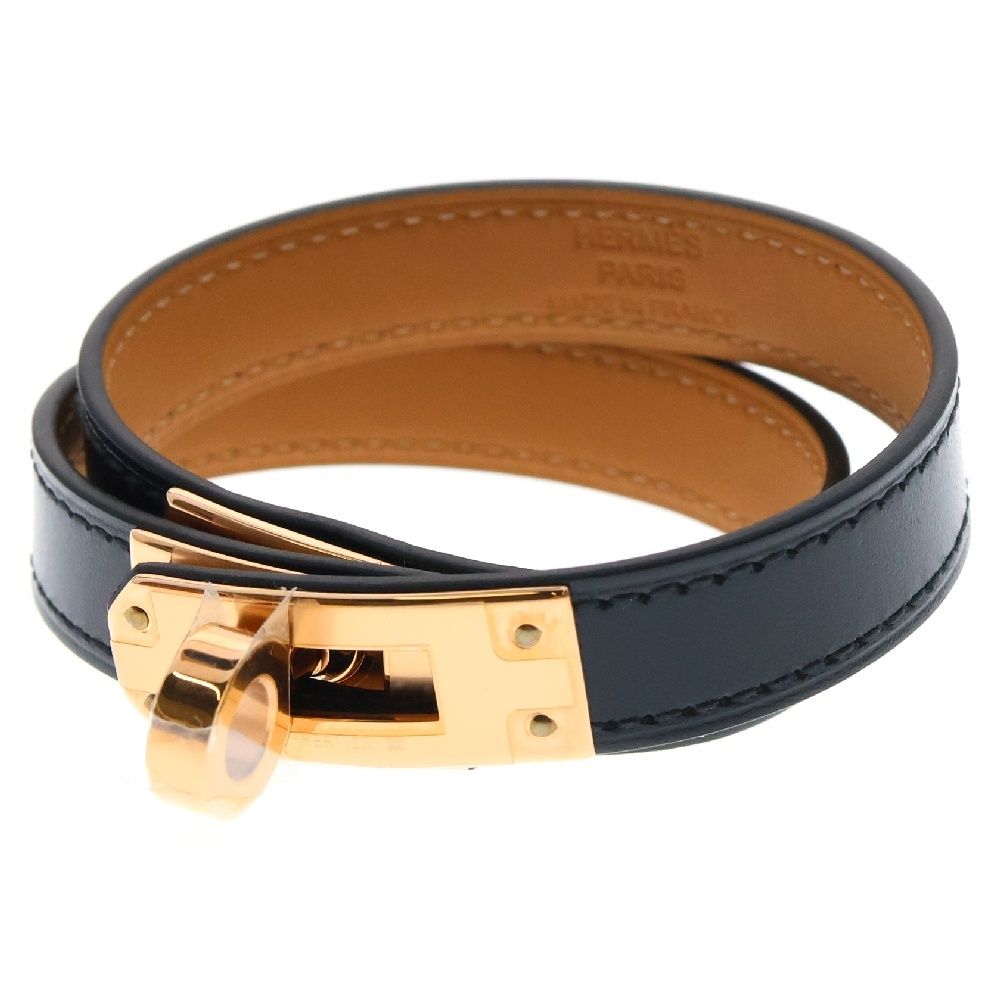 エルメスケリードゥブルトゥールブラック×ピンクゴールド レザー PG金具 B刻印 HERMES (エルメス) ケリー ドゥブルトゥール ブレスレット