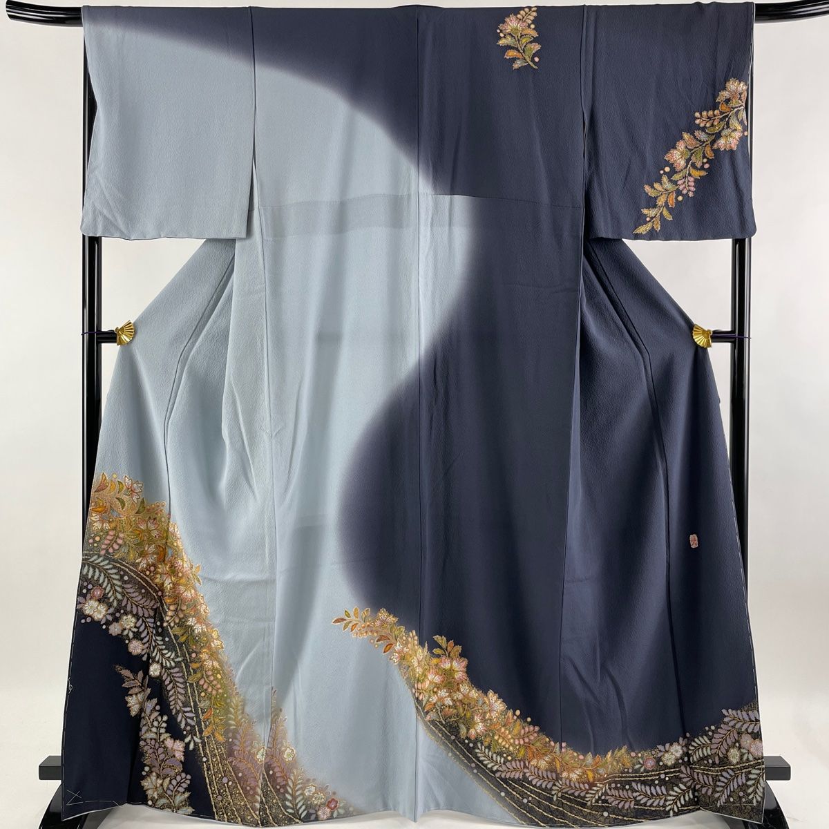 訪問着 美品 名品 落款 草花 金彩 水色 袷 身丈166cm 裄丈67cm M 正絹