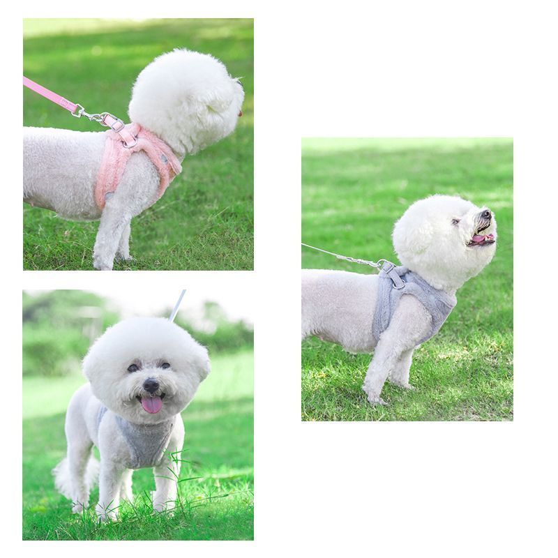 夜光る！犬・猫用  冬用 柔らかい ふわふわファーハーネス  リード付き ピンク