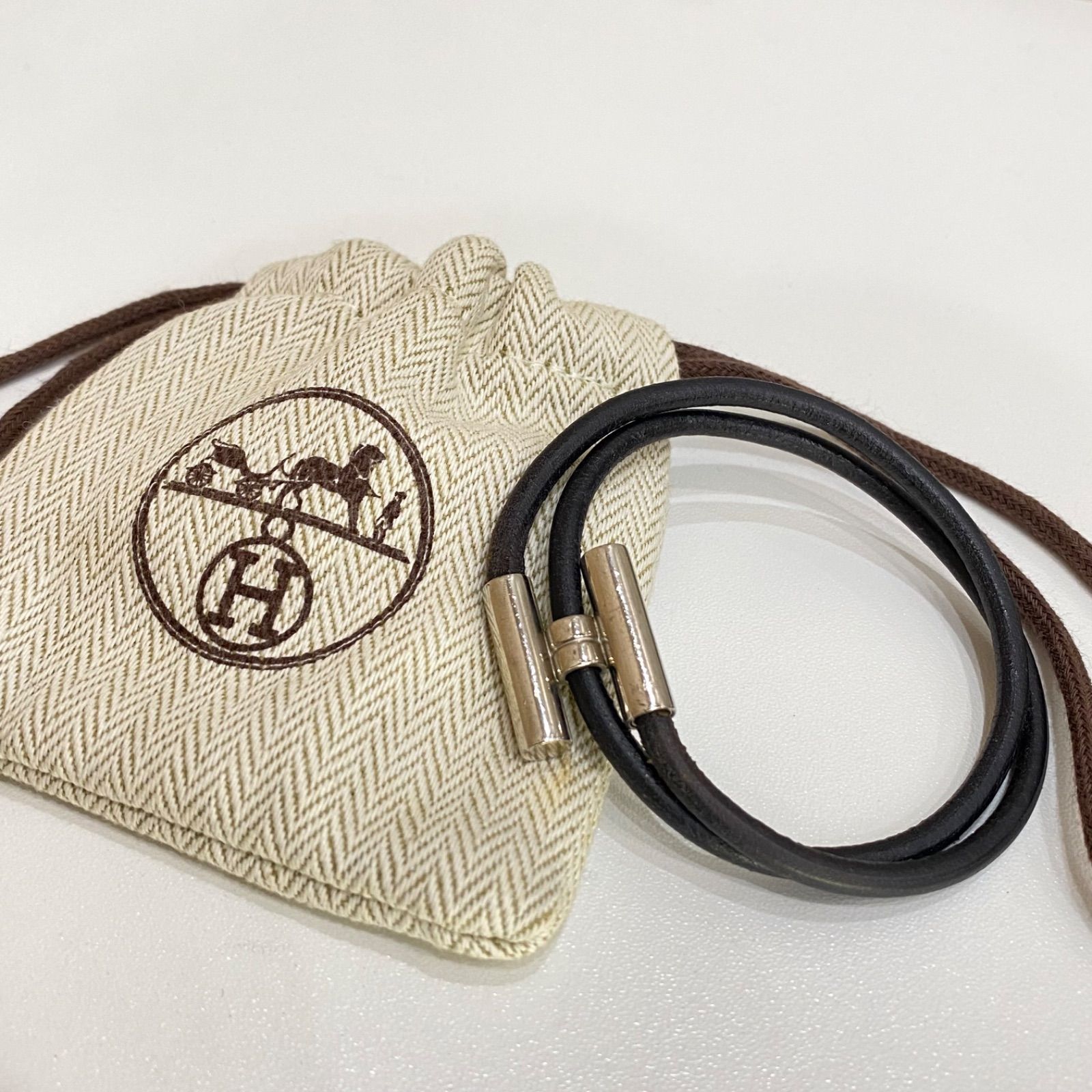 エルメス HERMES トゥルニス H ブレスレット バングル レザー ブラック 