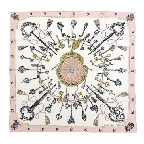 HERMES /カレ90/鍵とリボンのシルクスカーフ 8398) エルメス カレ90 鍵 スカーフ シルク ピンク×ホワイト系