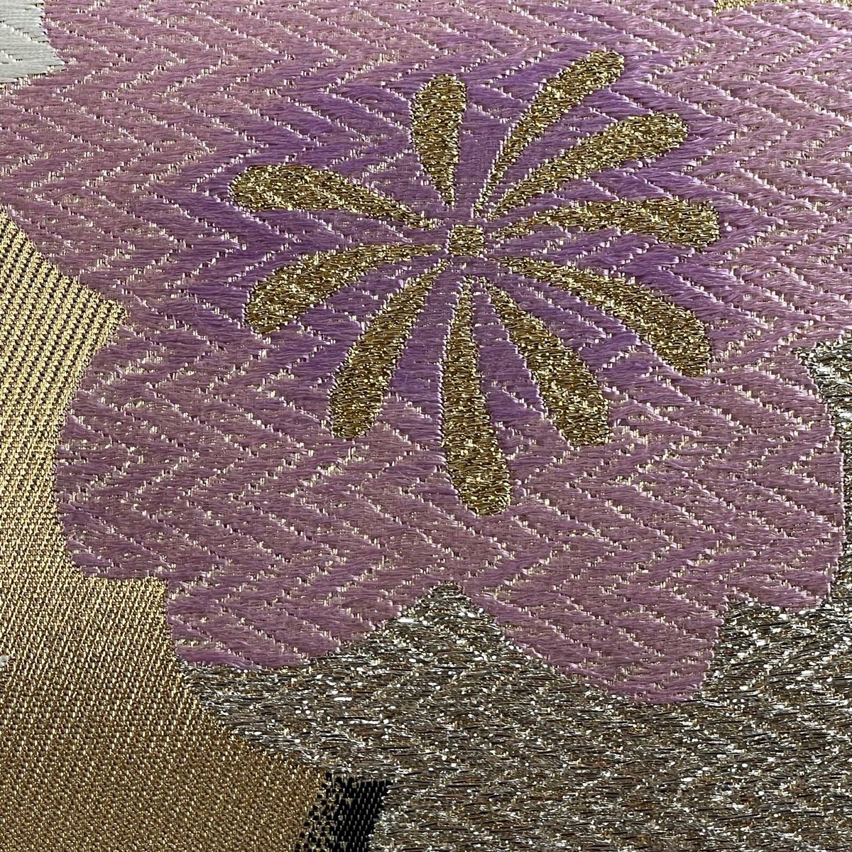 袋帯 美品 秀品 振袖向き 桜 金糸 箔 金色 六通 正絹 【中古