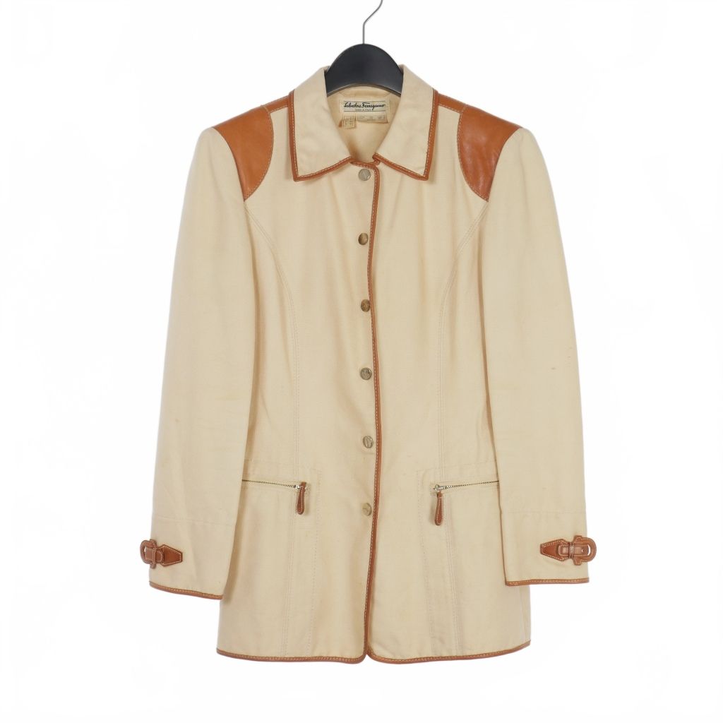 サルヴァトーレフェラガモ Salvatore Ferragamo ヴィンテージ レザーパイピング ジャケット カバーオール コットン シルク IT42 ベージュ 茶 ブラウン