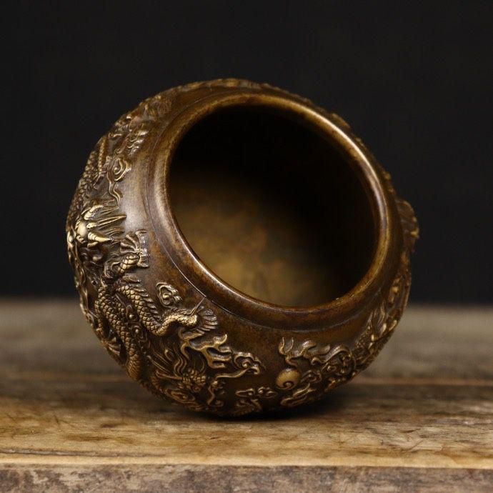 銅 細工 レリーフ龍鳳銅缶 茶缶 貯蔵缶 装飾品 工芸品 置物 九龍缶 お茶の缶 竜のかめ 銅 細工 装飾品 現代工芸品美術品
