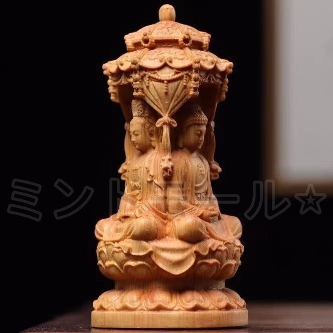 木彫仏像 三面 婆娑三聖座像 阿弥陀仏三尊（観世音菩薩 阿弥陀仏 地蔵