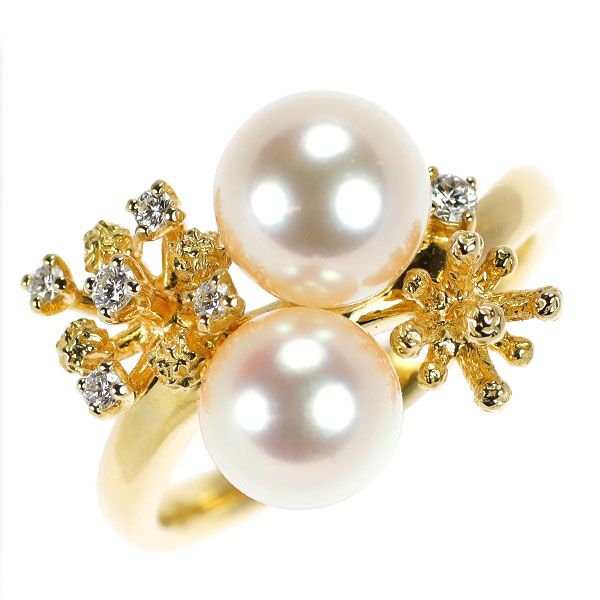 田崎真珠 K18YG アコヤ 真珠 ダイヤモンド リング 径約6.8-7.4mm D0  