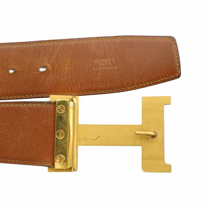 エルメス HERMES ベルト レザー ロゴ H ゴールド金具 茶