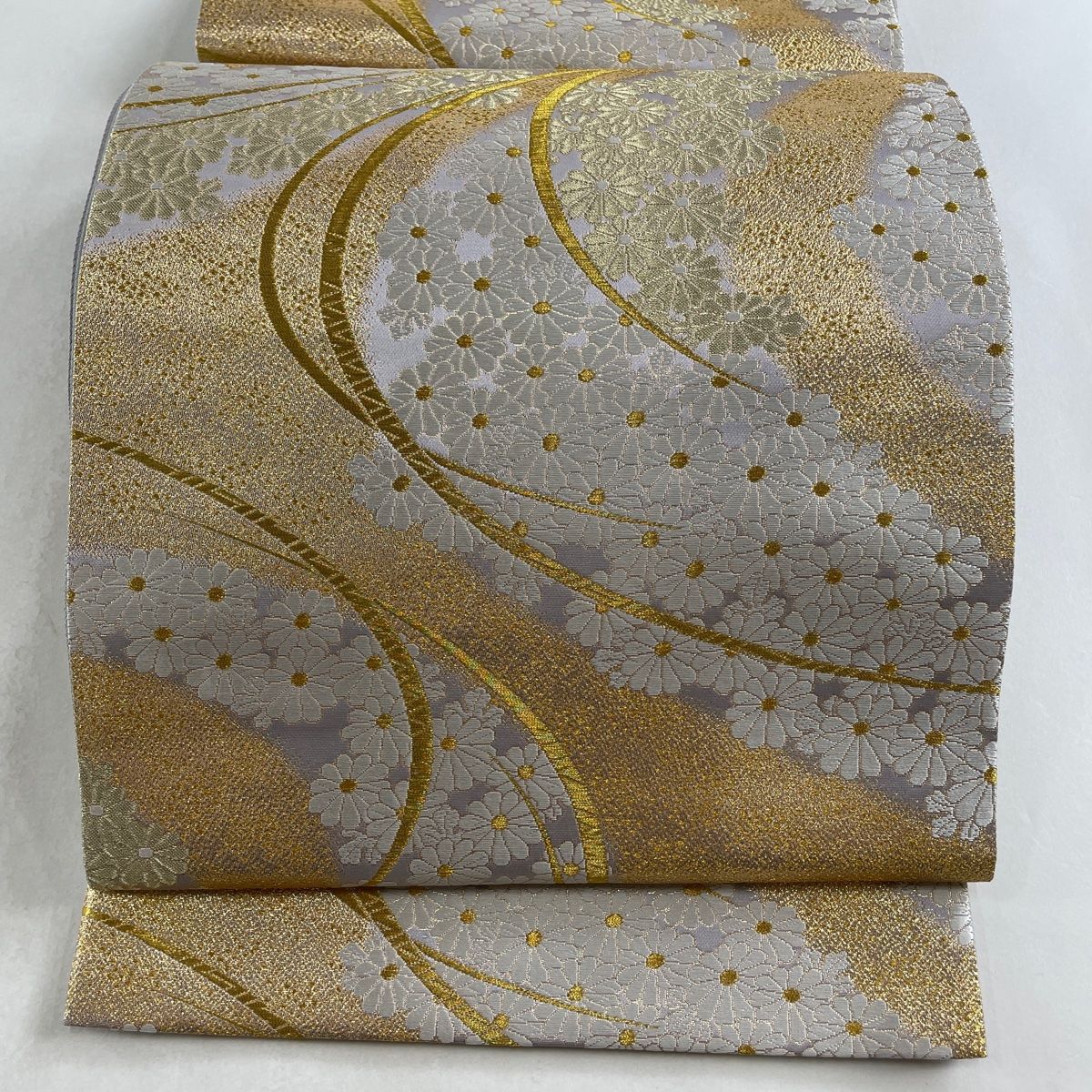 袋帯 名品 色紙 道長 螺鈿箔 銀色 お太鼓柄 正絹 中古 袋帯 美品 名品 華文