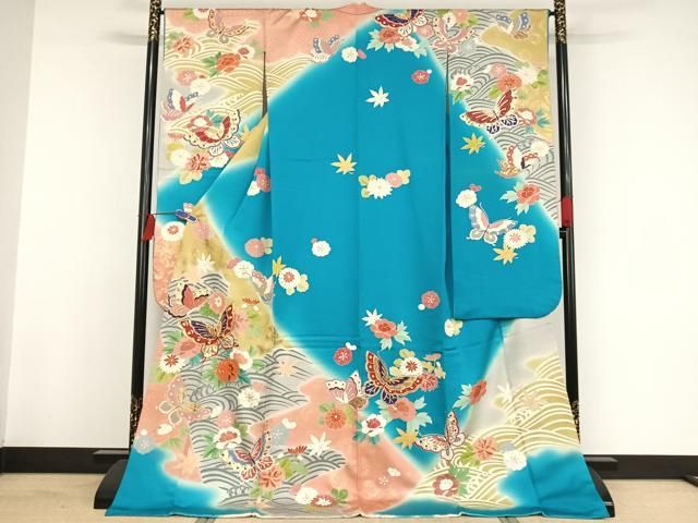 【華やか】⭐️金彩振袖⭐️縮緬⭐️雪輪重ね文様⭐️ 平和屋着物□豪華振袖 駒刺繍 檜扇花鳥文 暈し染め 金彩 正絹