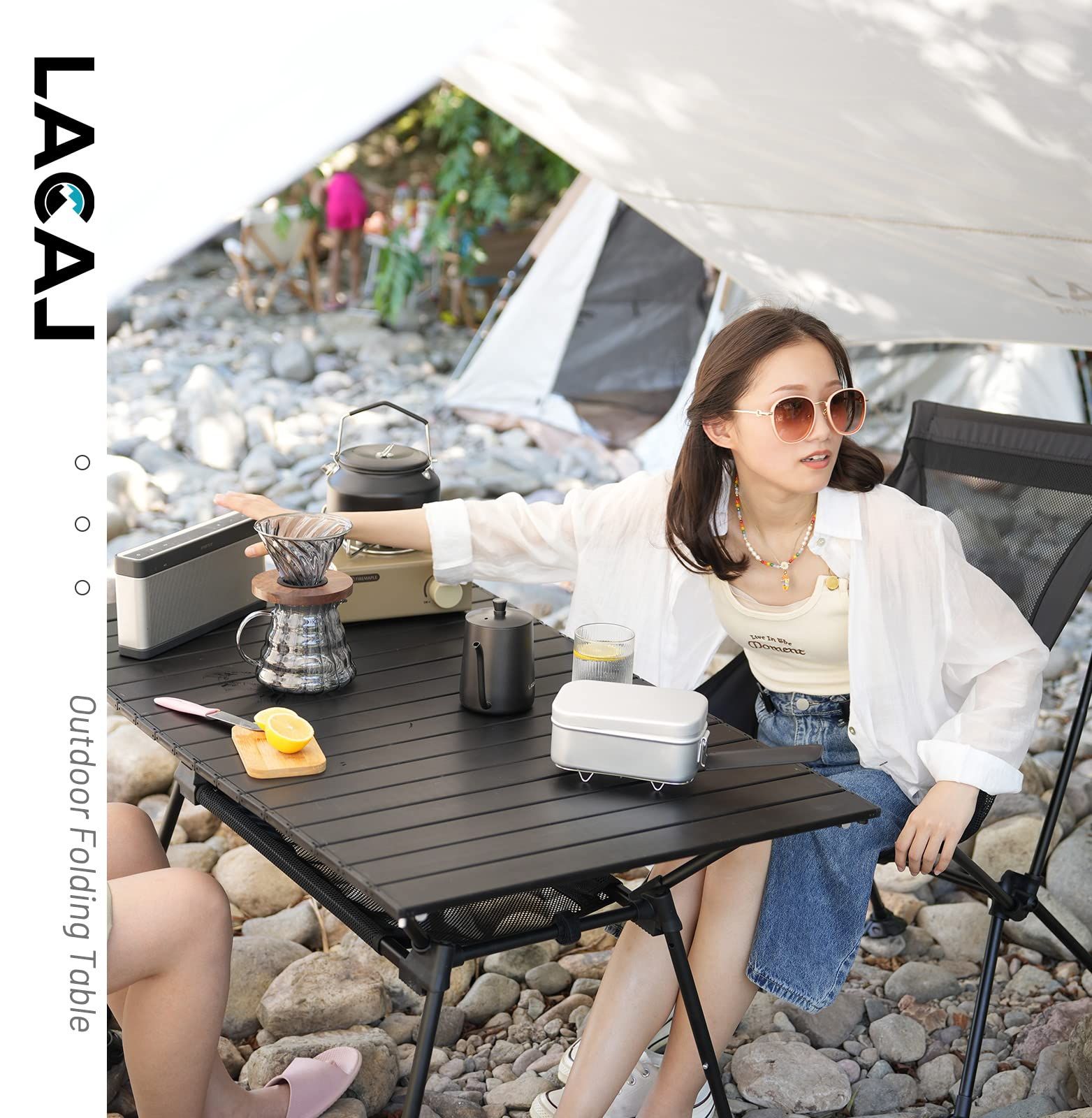 LACAL アウトドアテーブル ロールテーブル キャンプテーブル 3階段高さ調整 折り畳み式 幅126cm 耐熱天板 簡単組立 BBQ アウトドア用