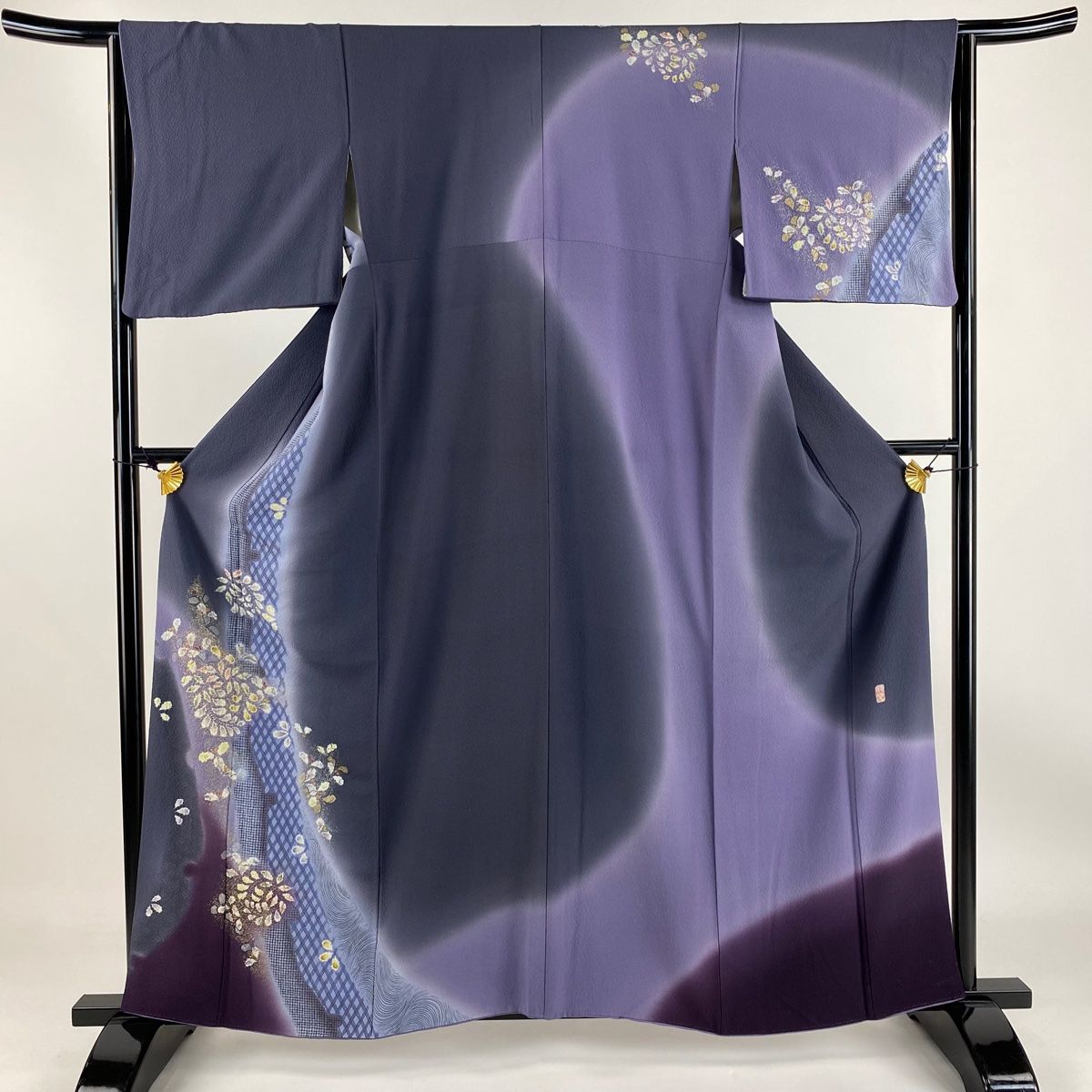 小紋 身丈160cm 裄丈65cm M 袷 地紋 薄紫 正絹 秀品 一つ紋 【