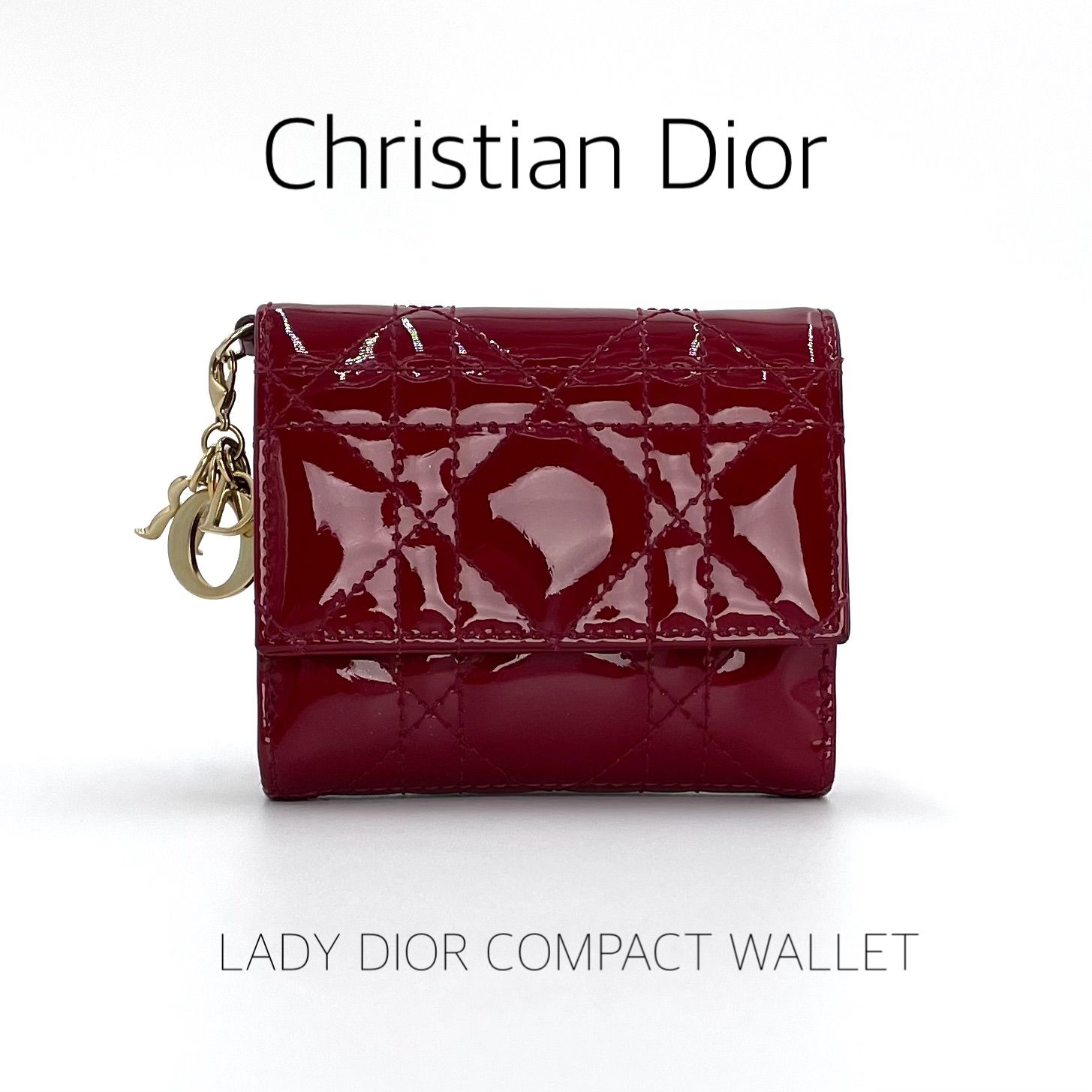 超美品 Christian Dior クリスチャンディオール ロータスウォレット 三つ折り財布 財布 レディディオール カナージュステッチ レッド パテントレザー レディース ファッション USED 
