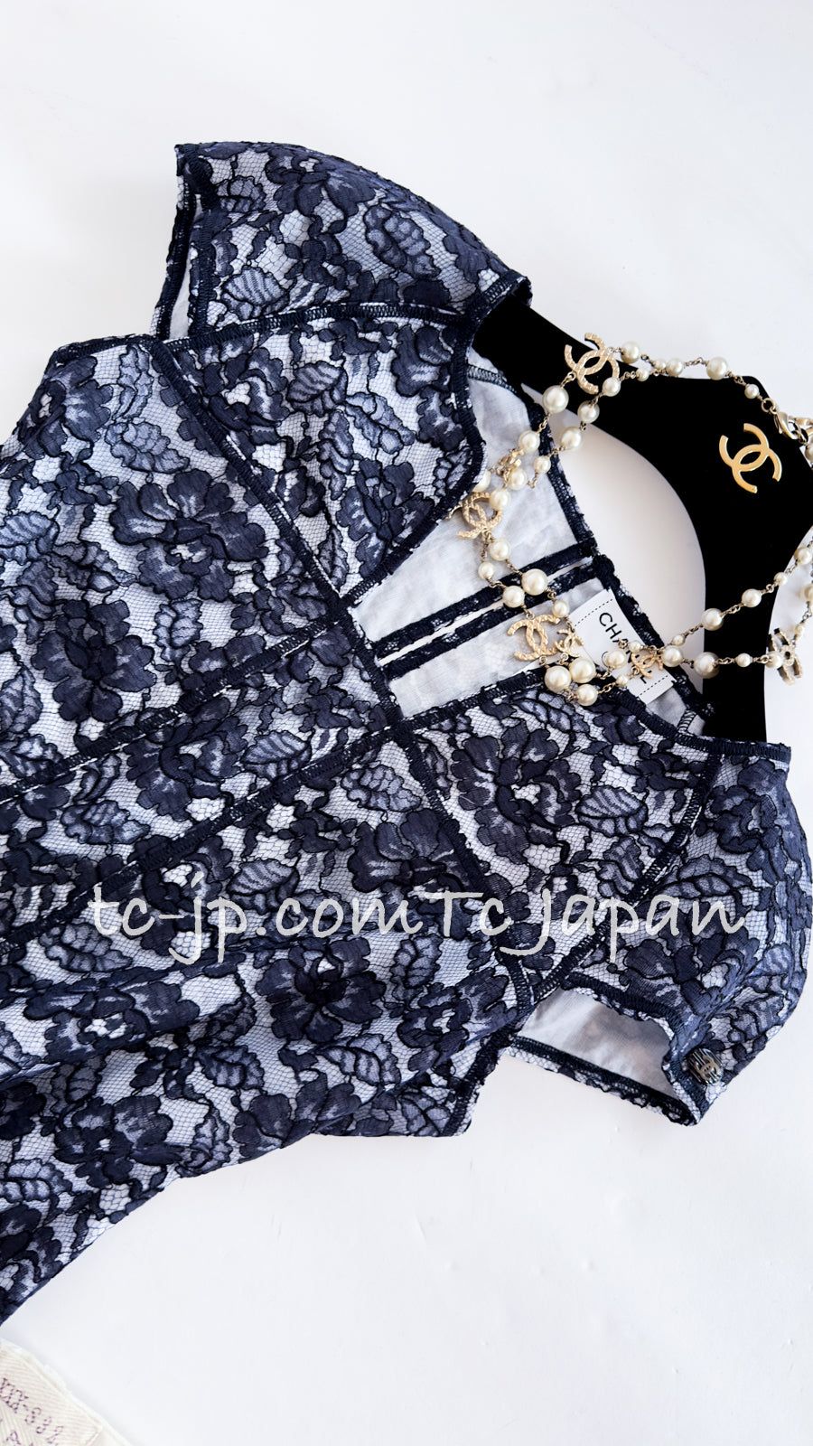 シャネル トップス CHANEL ネイビー ホワイト カメリア レース