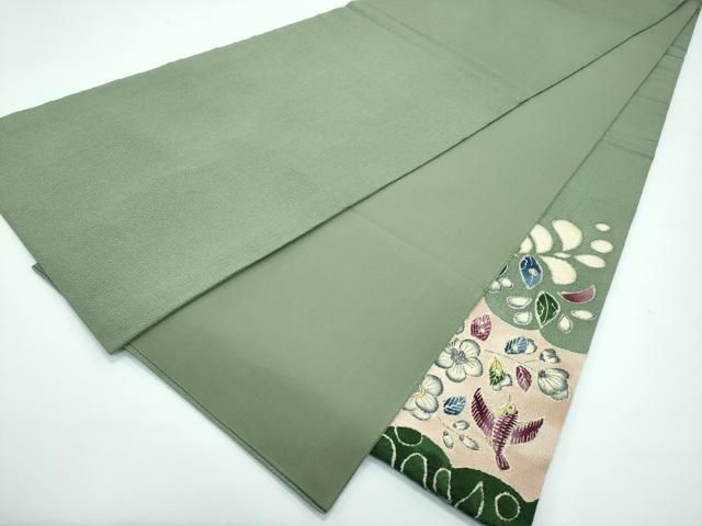 平和屋本店■超希少　東京友禅　久呂田明功　太鼓柄袋帯　辻が花　花鳥文　鬼しぼ縮緬　麹塵色地　逸品　CZAA3448s5 平和屋本店□超希少 東京友禅 久呂田明功 太鼓柄袋帯 辻が花 花鳥文 鬼