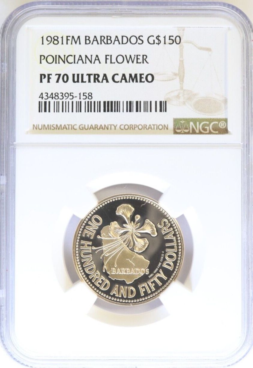 1981 GOLD BARBADOS $150 DOLLAR POINCIANA NGC PROOF 70 ULTRA CAMEO