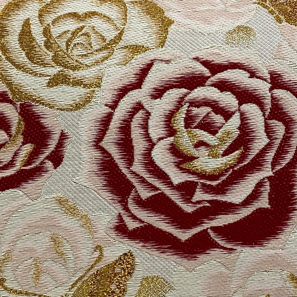 袋帯 秀品 薔薇 蝶 金糸 箔 薄ピンク 六通 正絹