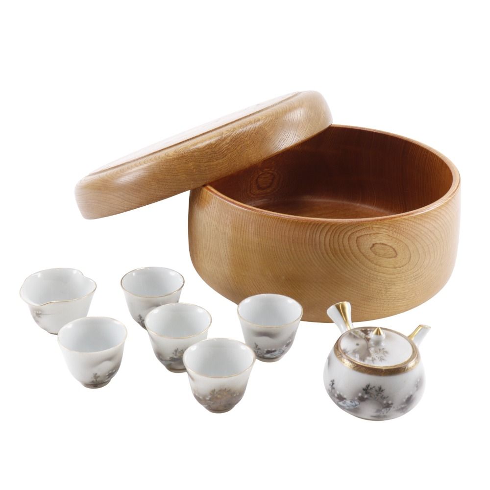2256 九谷焼　茶器セット　急須1客　湯呑5客　茶櫃付き 送料無料】 蓋付茶器揃 金花詰 急須1個・湯呑5客セット / 茶器