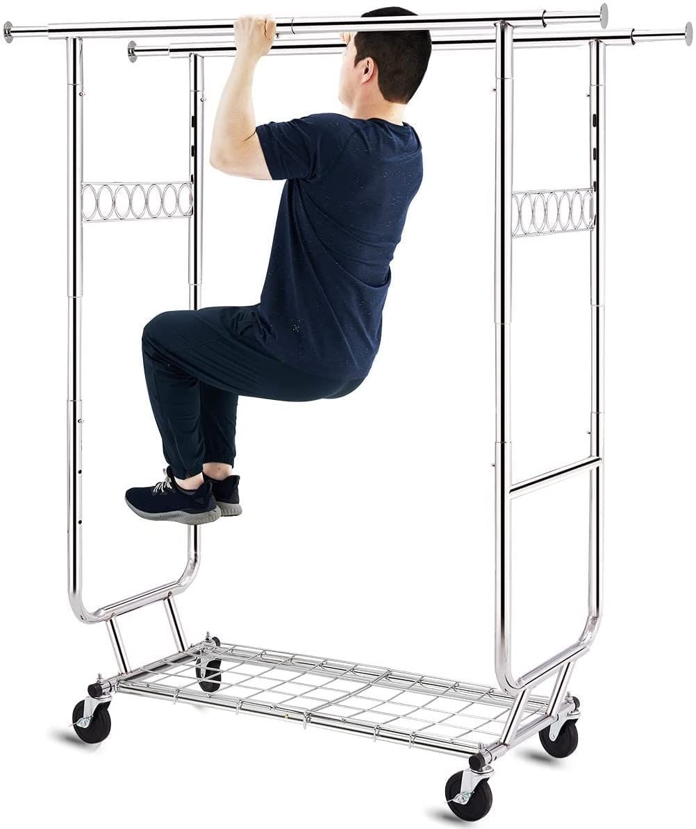 【在庫処分】パイプハンガーラック HOKEEPER 耐荷重275KG 業務用 3ウェイ ダブル 大容量 物干し スタンド 洋服ハンガー 衣類収納 ロール付き 高さ・縦横伸縮タイプ コート 傘用 靴 シルバー