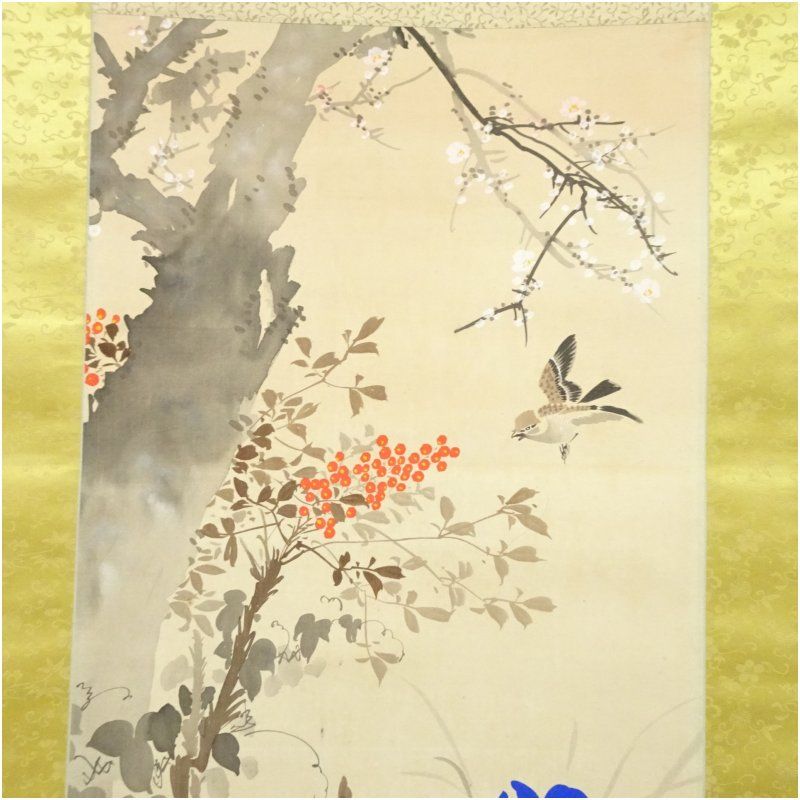 【絹本】肉筆掛け軸花鳥画　細筆画「鶴と松」美術品　絵画　和室　茶室　床の間 絹本】肉筆掛け軸花鳥画 細筆画「鶴と松」美術品 絵画 和室 茶室