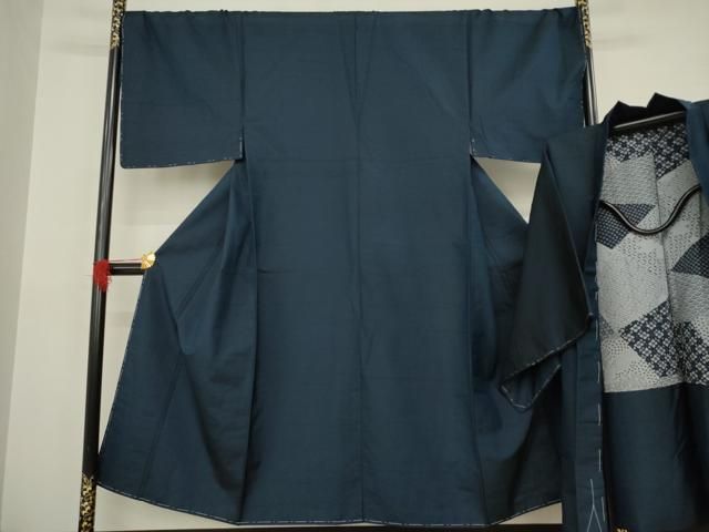 平和屋着物●男性 紬 アンサンブル 色無地 藍鉄色 正絹 AABA8244ck