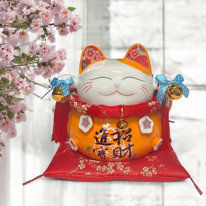 招き猫 招財進宝 オレンジ 大願成就 招福 中 まねき猫 ねこ 金運 幸福 風水 運気 必達 目標 夢 置物 置き物 オブジェ 開店祝い ギフト プレゼント 01903066OR