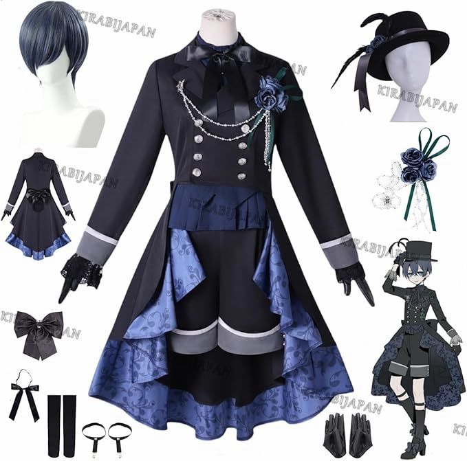 黒執事 シエル ファントムハイヴ コスプレ衣装 ウィッグ付き カツラ 黒いバラ 全セット アクセサリー ぼうし 胸飾り ネクタイ 手袋 靴下付き Cosplay ハロウィン クリスマス イベンド 文化祭 学園祭