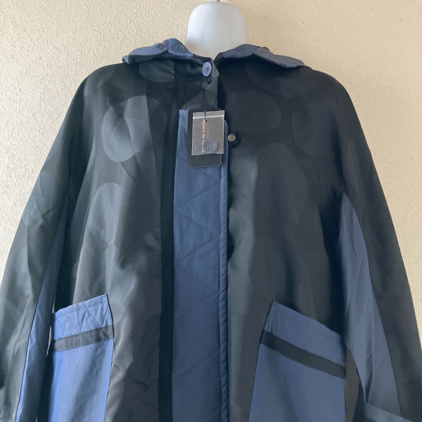 タグ付き espace de calma エスパスドカルマ ドットジャガード フード付きコート 15号 3L相当 ネイビー配色 薄手 軽量アウター モッズコート ゆったり体型カバー 春秋 レディース