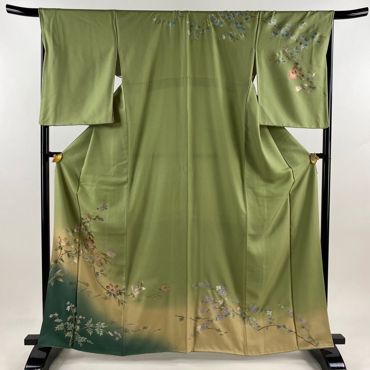 訪問着 身丈164cm 裄丈66.5cm M 袷 枝花 若松 金銀彩 ぼかし よもぎ色 正絹 秀品