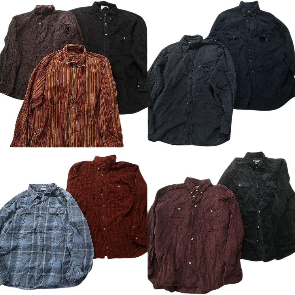 古着卸 まとめ売り コーデュロイ 長袖シャツ 9枚セット (メンズ XL /2XL ) コロンビア ストライプ 無地 ダブルフラップ ブラック MU3881