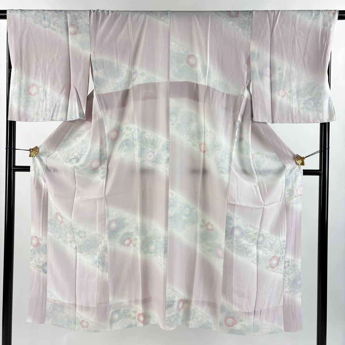 長襦袢 身丈135cm 裄丈70cm L 落款 辻が花ろまん 斜縞 ぼかし 灰紫 正絹 秀品