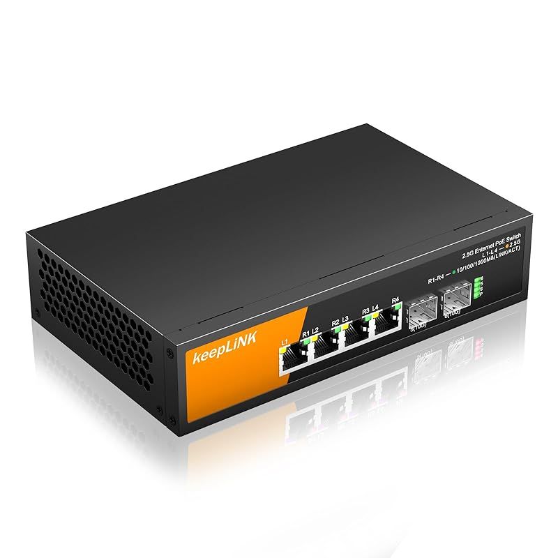 keepLiNK 6ポート2.5Gbps PoEハブ 4 x PoE対応 全体最大72W 2つの10GbE SFP+ポート アンマネージ スイッチングハブ 金属筐体 静音ファンレス