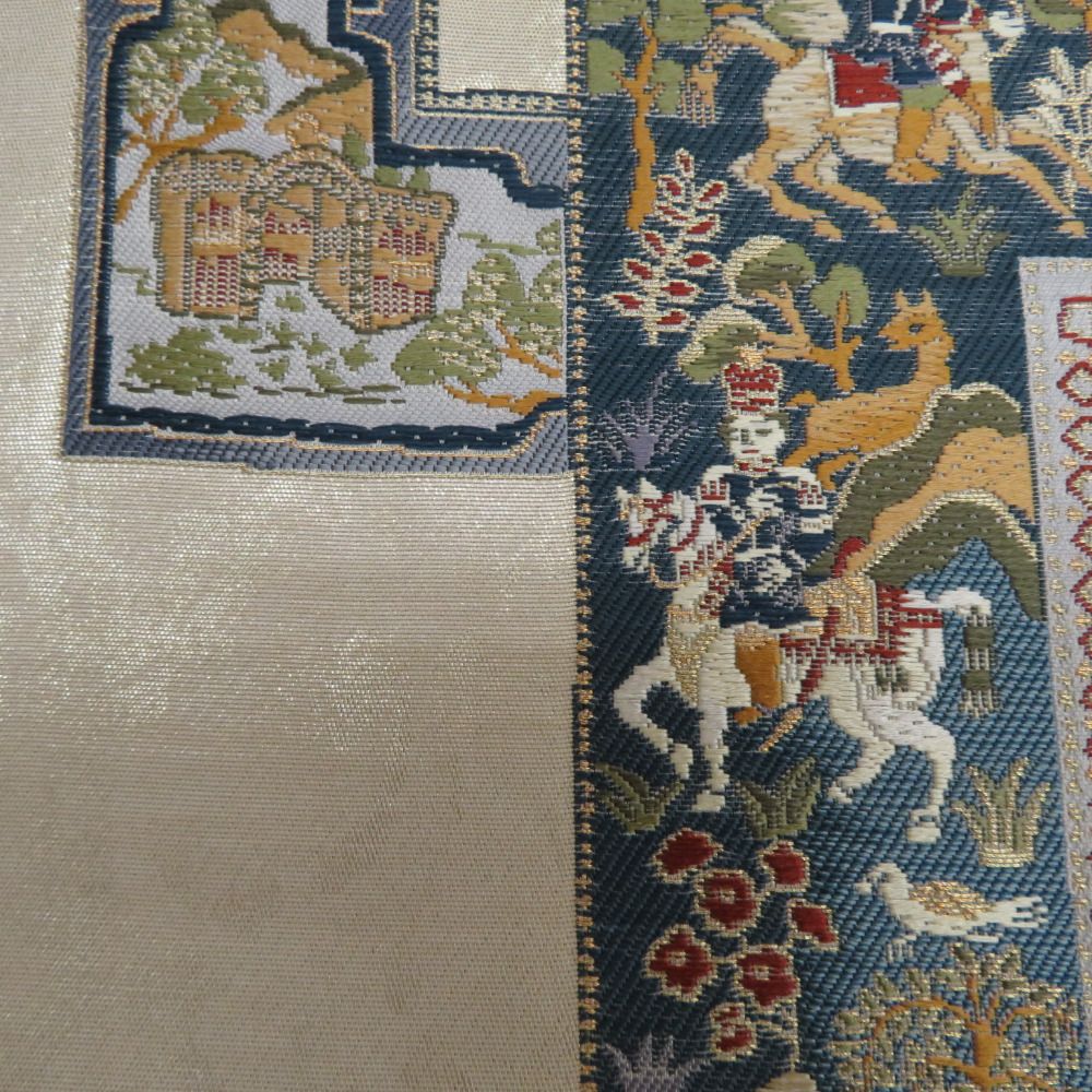 袋帯 北欧壁画文様 六通柄 金糸銀糸 エスニック調 ベージュ色x緑色x